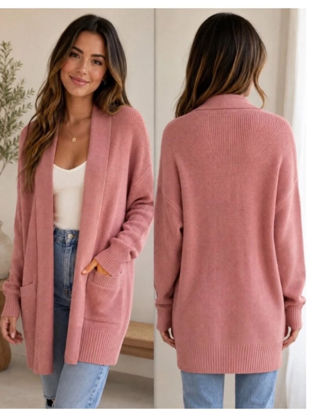 NEW Barefoot Dreams LuxeBlend Waffle Knit Cardigan Bella Pink Open-Front Medium